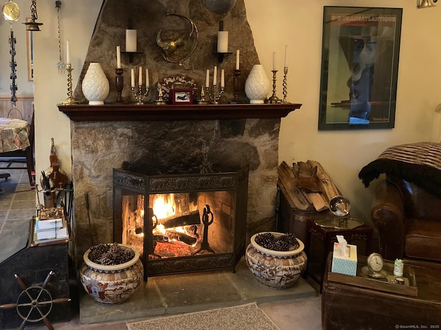 25 Brookbridge Dr, Newtown, CT 06482 - interior space featuring unfinished concrete floors and a stone fireplace
