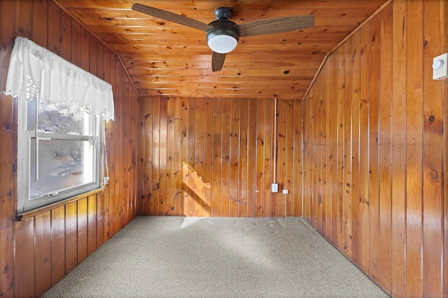 carpeted empty room with lofted ceiling, wooden walls, and wooden ceiling