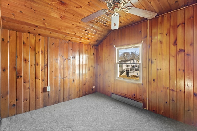 unfurnished room with a ceiling fan, carpet floors, lofted ceiling, wooden ceiling, and baseboard heating