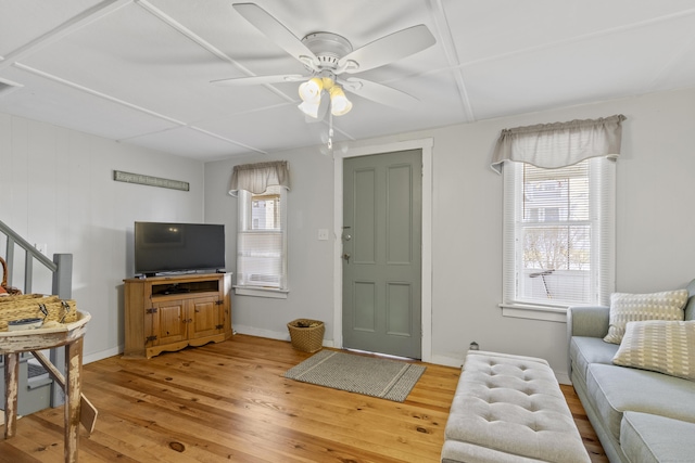 31 Old Colony Rd, Old Lyme, CT 06371 - living area featuring baseboards, stairs, ceiling fan, and light wood-style floors