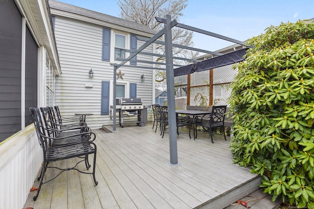 31 Old Colony Rd, Old Lyme, CT 06371 - wooden terrace featuring a pergola, area for grilling, and outdoor dining space