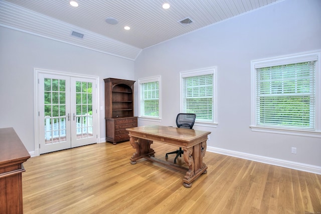 office featuring french doors, crown molding, light wood finished floors, baseboards, and recessed lighting