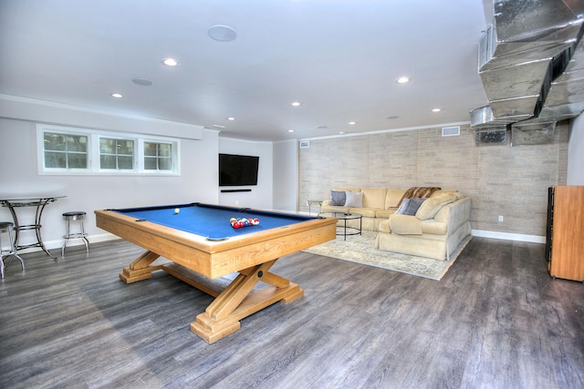 rec room featuring baseboards, recessed lighting, wood finished floors, crown molding, and billiards