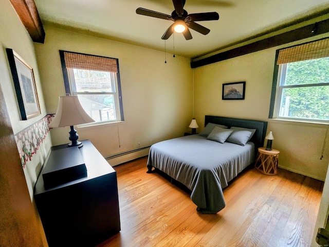 bedroom featuring light wood finished floors, baseboard heating, and multiple windows