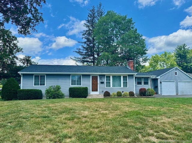 12 Nevins Ave, Enfield, CT 06082 - ranch-style home featuring a garage, a front yard, a chimney, and driveway