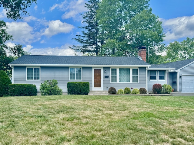 12 Nevins Ave, Enfield, CT 06082 - ranch-style home with a front yard, a chimney, a garage, and roof with shingles