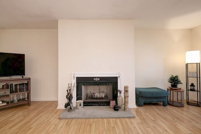 interior space with baseboards, a fireplace with raised hearth, and wood finished floors