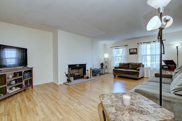 living room with baseboards, a fireplace with raised hearth, and wood finished floors