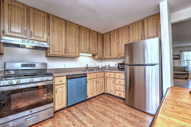 kitchen with a sink, stainless steel appliances, under cabinet range hood, and light wood-type flooring