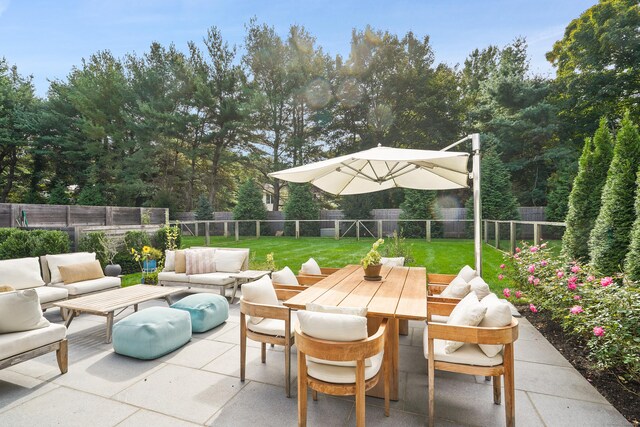 view of patio with outdoor dining space, outdoor lounge area, and a fenced backyard