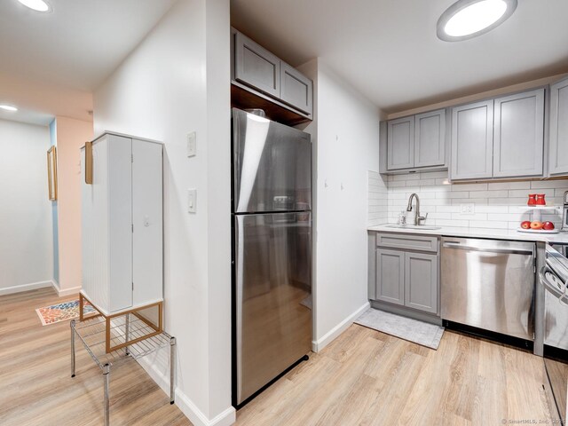 kitchen with a sink, tasteful backsplash, appliances with stainless steel finishes, and gray cabinets