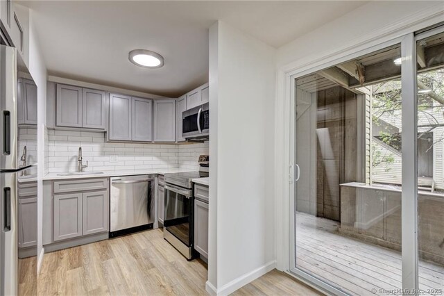 kitchen with light wood finished floors, a sink, stainless steel appliances, light countertops, and backsplash