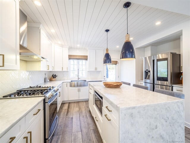 kitchen featuring a sink, decorative backsplash, dark wood-type flooring, stainless steel appliances, and wall chimney range hood