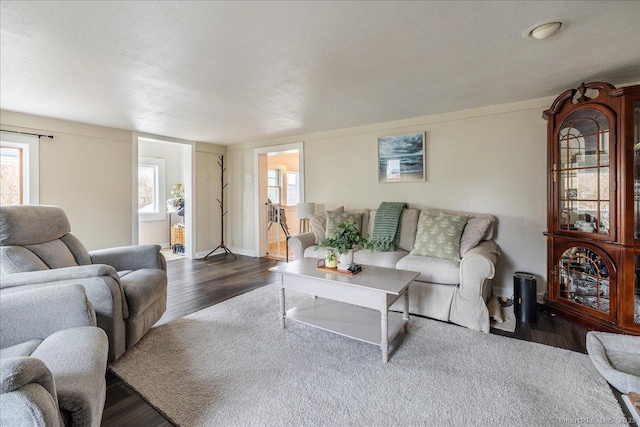 living area featuring a textured ceiling and wood finished floors