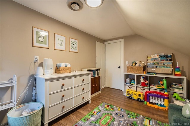 recreation room featuring wood finished floors and vaulted ceiling
