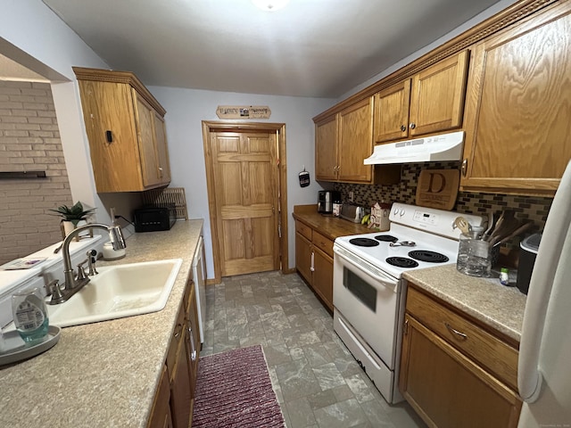 173 Russo Ave Unit 610, East Haven, CT 06513 - kitchen with white electric range, under cabinet range hood, backsplash, and light countertops