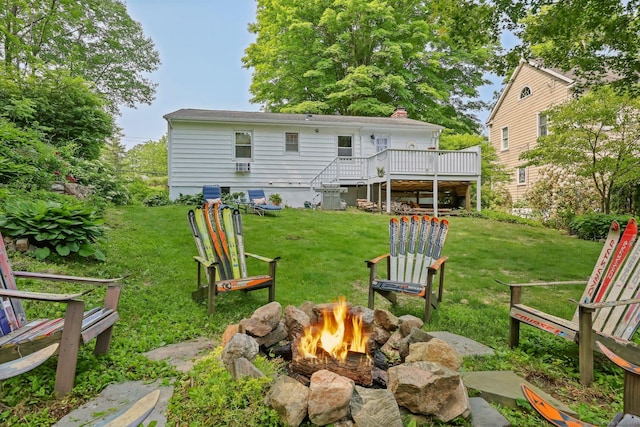 80 Ramapoo Rd, Ridgefield, CT 06877 - view of grassy yard with an outdoor fire pit, a deck, and stairway