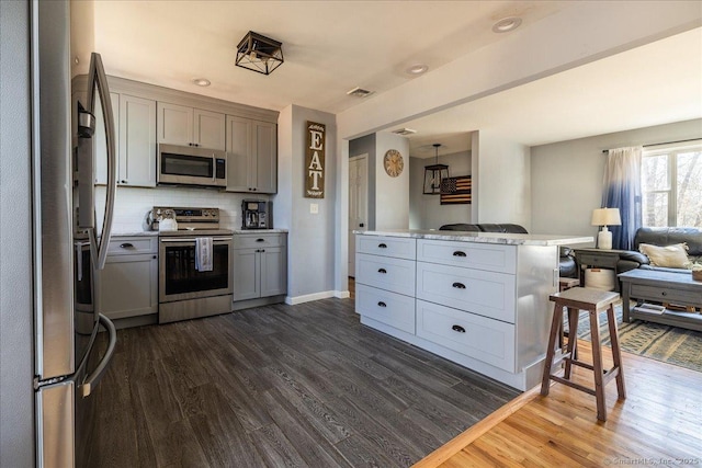 kitchen with backsplash, appliances with stainless steel finishes, dark wood finished floors, gray cabinetry, and open floor plan