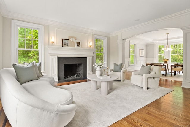 living area with wood finished floors, crown molding, plenty of natural light, a decorative wall, and a fireplace