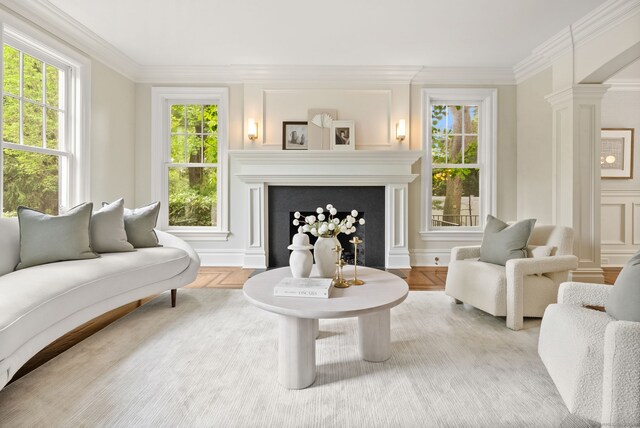 living area with ornate columns, ornamental molding, and a fireplace with flush hearth
