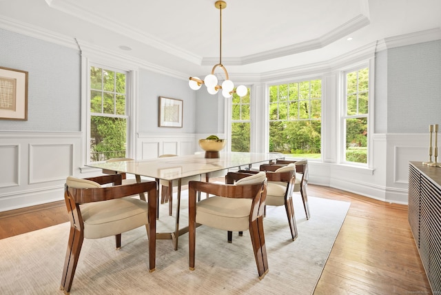 dining area featuring light wood-type flooring, a decorative wall, a raised ceiling, crown molding, and wainscoting