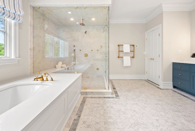 bathroom featuring inlaid floor details, a stall shower, recessed lighting, vanity, and baseboards