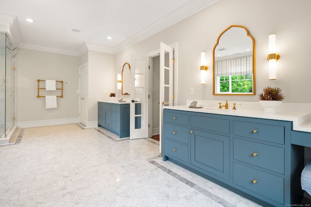 full bathroom featuring crown molding, vanity, recessed lighting, inlaid floor details, and a stall shower