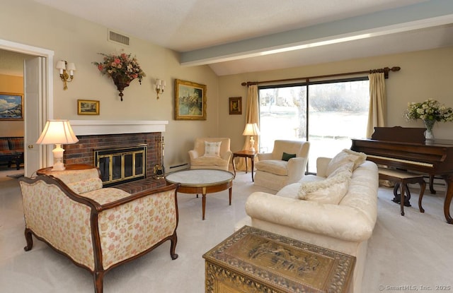 living area with a brick fireplace, vaulted ceiling with beams, visible vents, and light carpet