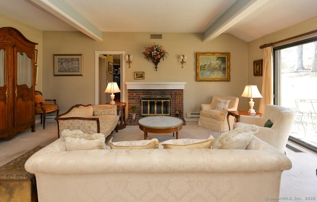 carpeted living area featuring a brick fireplace, baseboard heating, visible vents, and a wealth of natural light