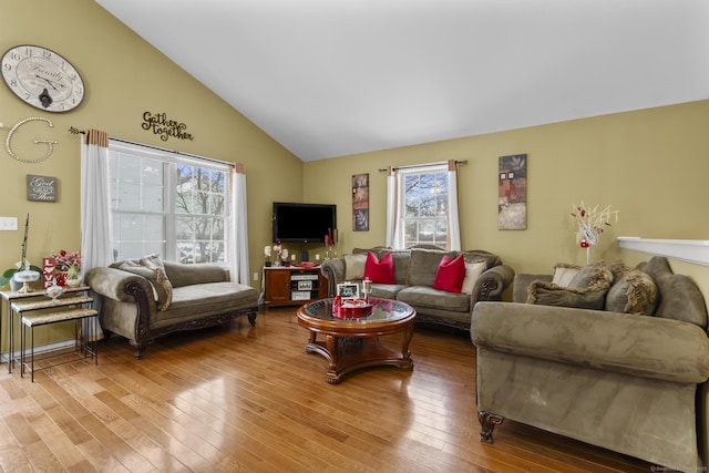 living room featuring light wood-type flooring and vaulted ceiling