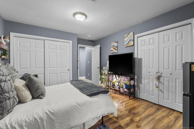 bedroom featuring wood finished floors, multiple closets, and freestanding refrigerator