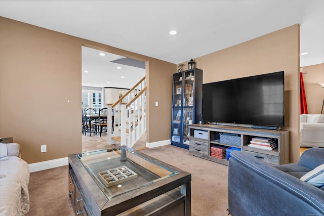 106 Chesterfield Rd, East Lyme, CT 06333 - living area with carpet, baseboards, stairs, and recessed lighting