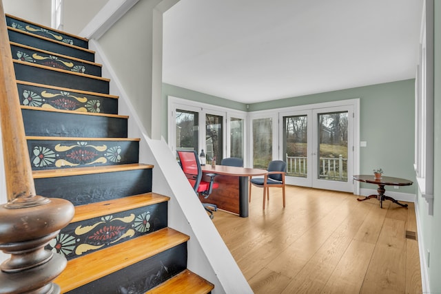 387 N River St, Guilford, CT 06437 - stairway featuring hardwood / wood-style flooring and french doors