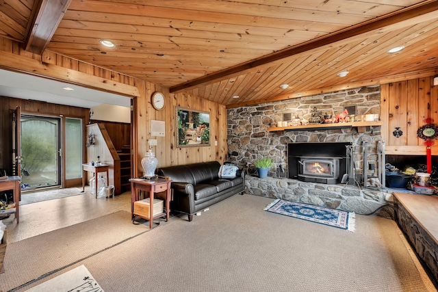 living area featuring wooden ceiling and beamed ceiling