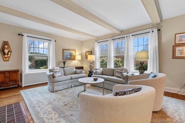 3 Middle Rd, Hamden, CT 06517 - living room featuring beamed ceiling, wood finished floors, and radiator