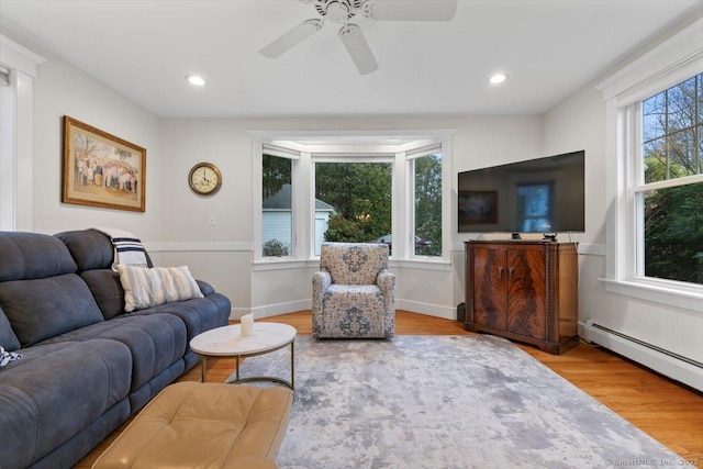 3 Middle Rd, Hamden, CT 06517 - living room with a baseboard radiator, wood finished floors, a ceiling fan, and recessed lighting