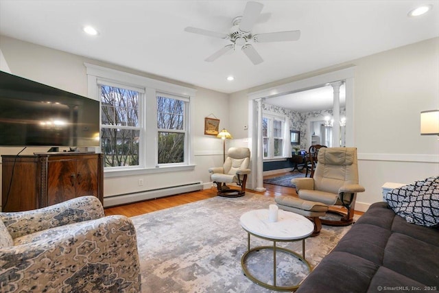 3 Middle Rd, Hamden, CT 06517 - living room with recessed lighting, ceiling fan, a baseboard radiator, and wood finished floors