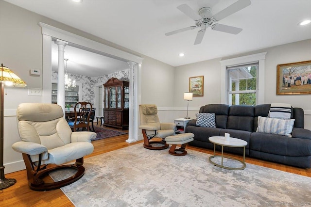 3 Middle Rd, Hamden, CT 06517 - living area featuring ornate columns, wood finished floors, a ceiling fan, and recessed lighting