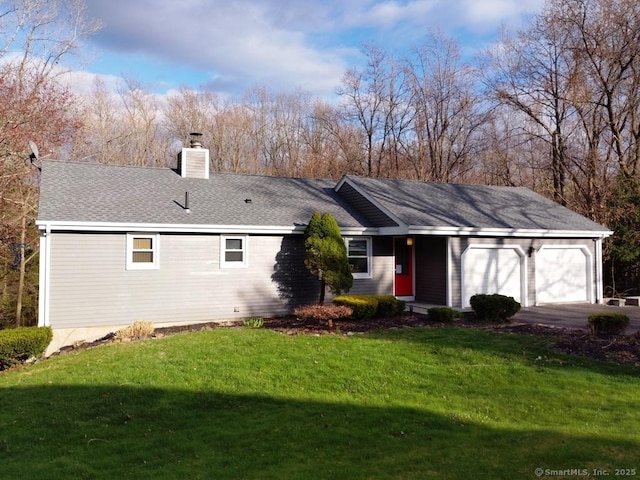 ranch-style home featuring a shingled roof, an attached garage, a chimney, a front lawn, and driveway