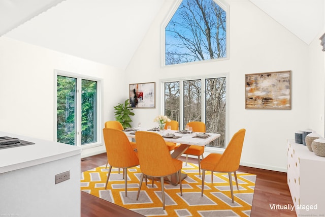 dining area with baseboards, high vaulted ceiling, and wood finished floors