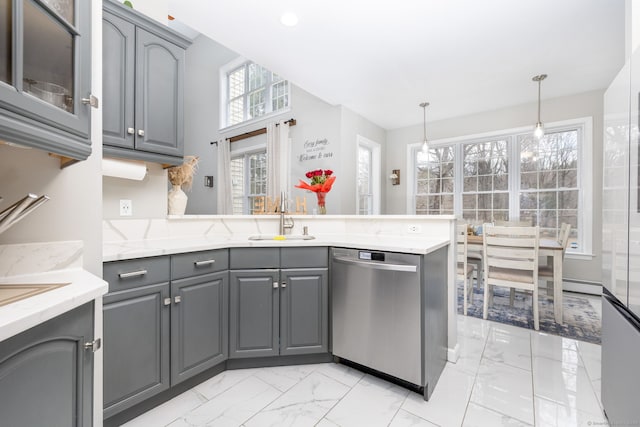 kitchen with dishwasher, gray cabinets, a sink, and marble finish floor