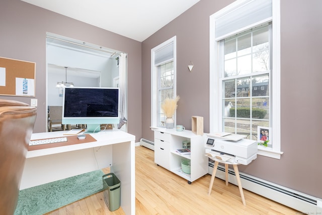 office space with wood finished floors and baseboard heating