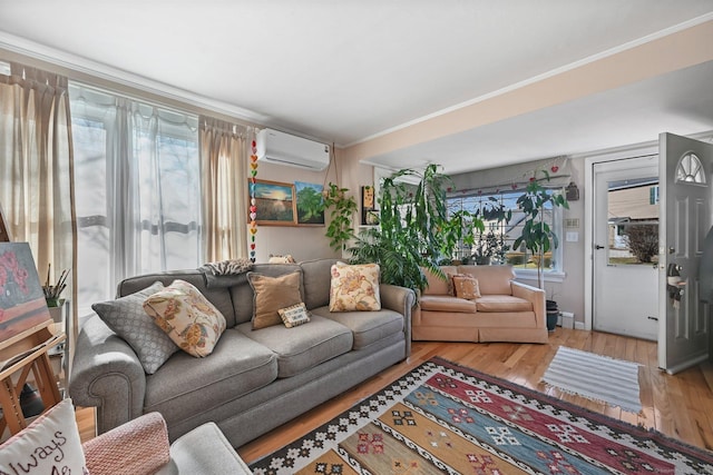 14 Overlook Pl, Stamford, CT 06907 - living area featuring crown molding, wood finished floors, and a wall mounted AC