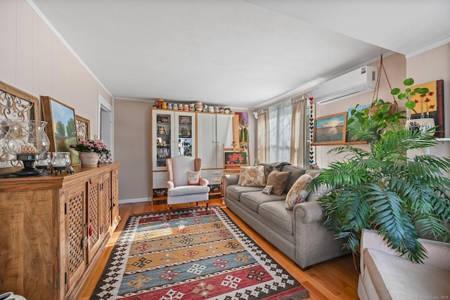 14 Overlook Pl, Stamford, CT 06907 - living room with ornamental molding, an AC wall unit, and wood finished floors