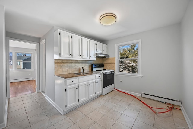 14 Overlook Pl, Stamford, CT 06907 - kitchen featuring white electric range, a baseboard heating unit, under cabinet range hood, and a sink