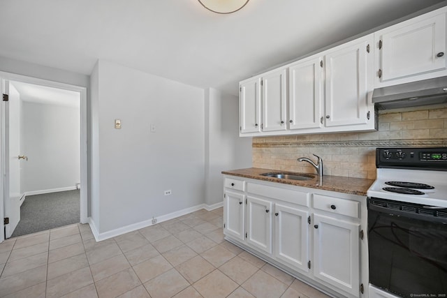 14 Overlook Pl, Stamford, CT 06907 - kitchen with white cabinets, electric stove, under cabinet range hood, and a sink