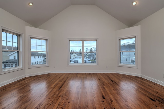 36 Deerfield Ave, Milford, CT 06460 - unfurnished room with baseboards, recessed lighting, dark wood-style flooring, and vaulted ceiling