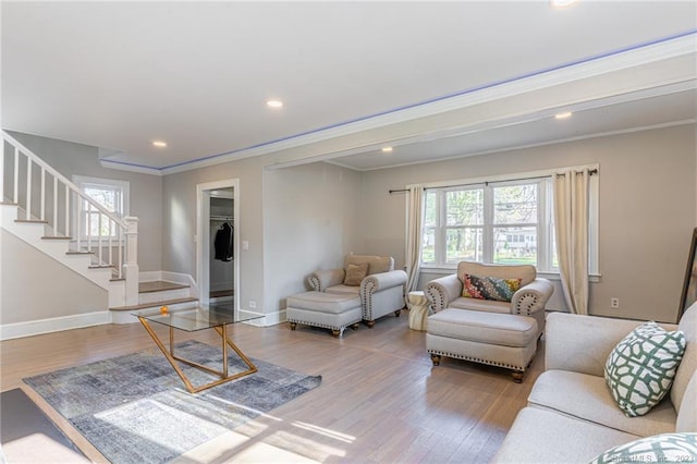 18 Fenway St, Stamford, CT 06902 - living area with stairs, wood finished floors, baseboards, and a wealth of natural light