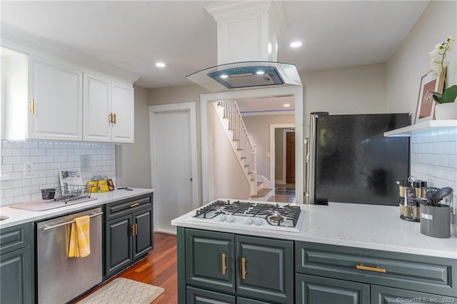 18 Fenway St, Stamford, CT 06902 - kitchen featuring white gas cooktop, island exhaust hood, freestanding refrigerator, white cabinets, and stainless steel dishwasher