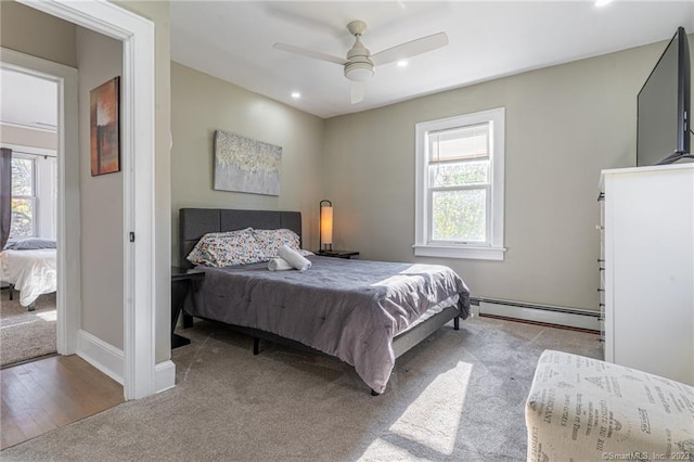 18 Fenway St, Stamford, CT 06902 - bedroom with a baseboard heating unit, baseboards, ceiling fan, carpet floors, and recessed lighting